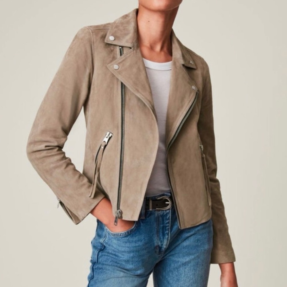 ALL SAINTS Women Dalby Leather Suede Jacket Biker Taupe Grey Sage 0 XS 32
